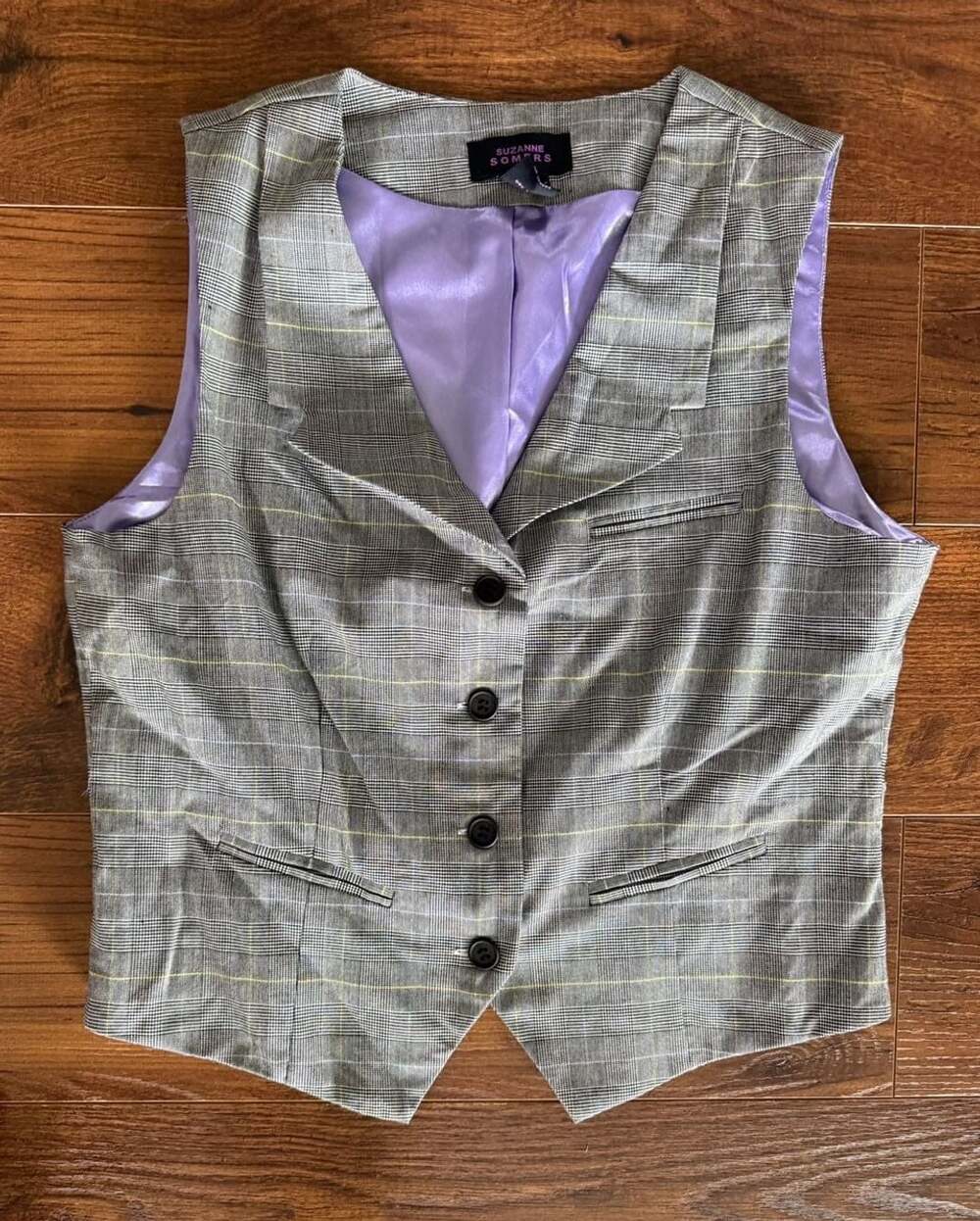 Suzanne Somers Glen Plaid Vest Grey Purple Lining